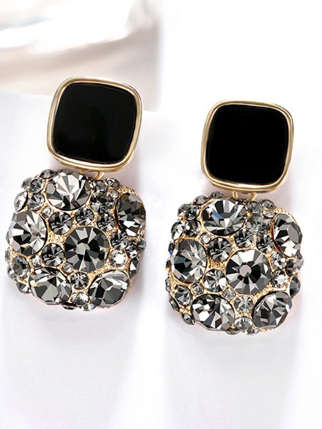 DIVASTRI Gold Plated Pearls Artificial Stones Studded Square Korean Drop Earrings