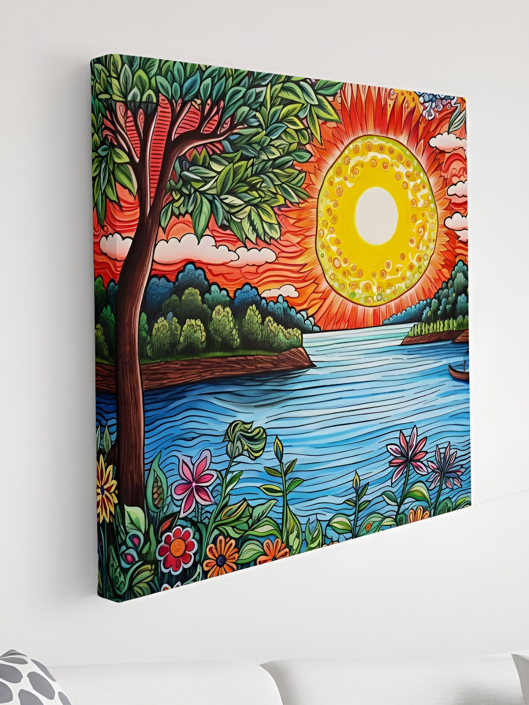 SAF Vibrant Sunrise River Canvas Wall Square Paintings Wall Art - 24 x 24 in