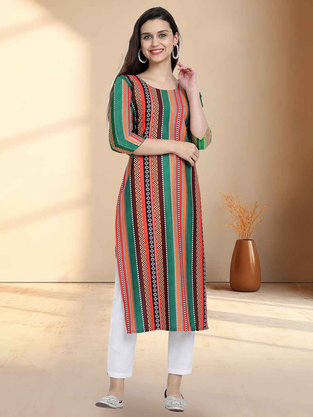 HERE&NOW Geometric Printed Round Neck Straight Kurta