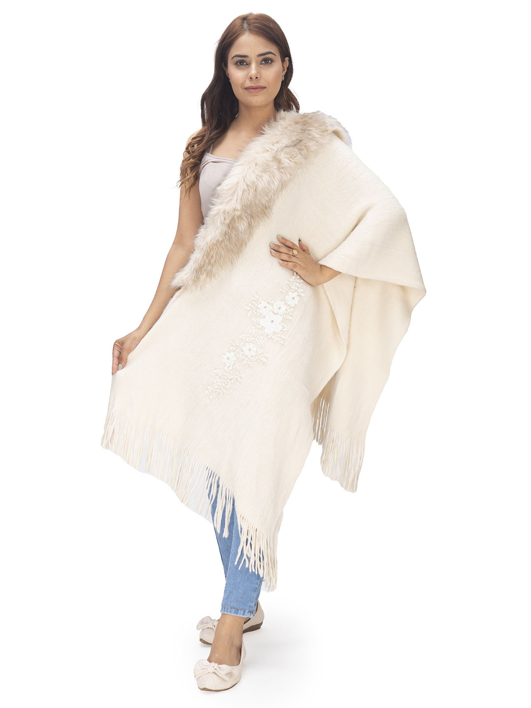 Manra Women Wool Stole with Floral Embroidery & Faux Fur  Bridal & Occasion Wear