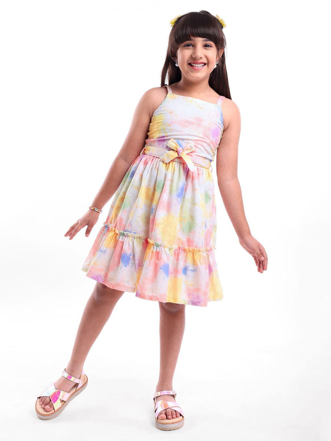 ARIAS By LARA DUTTA Girls Tie and Dye Schiffli Shoulder Straps Fit and Flare Dress