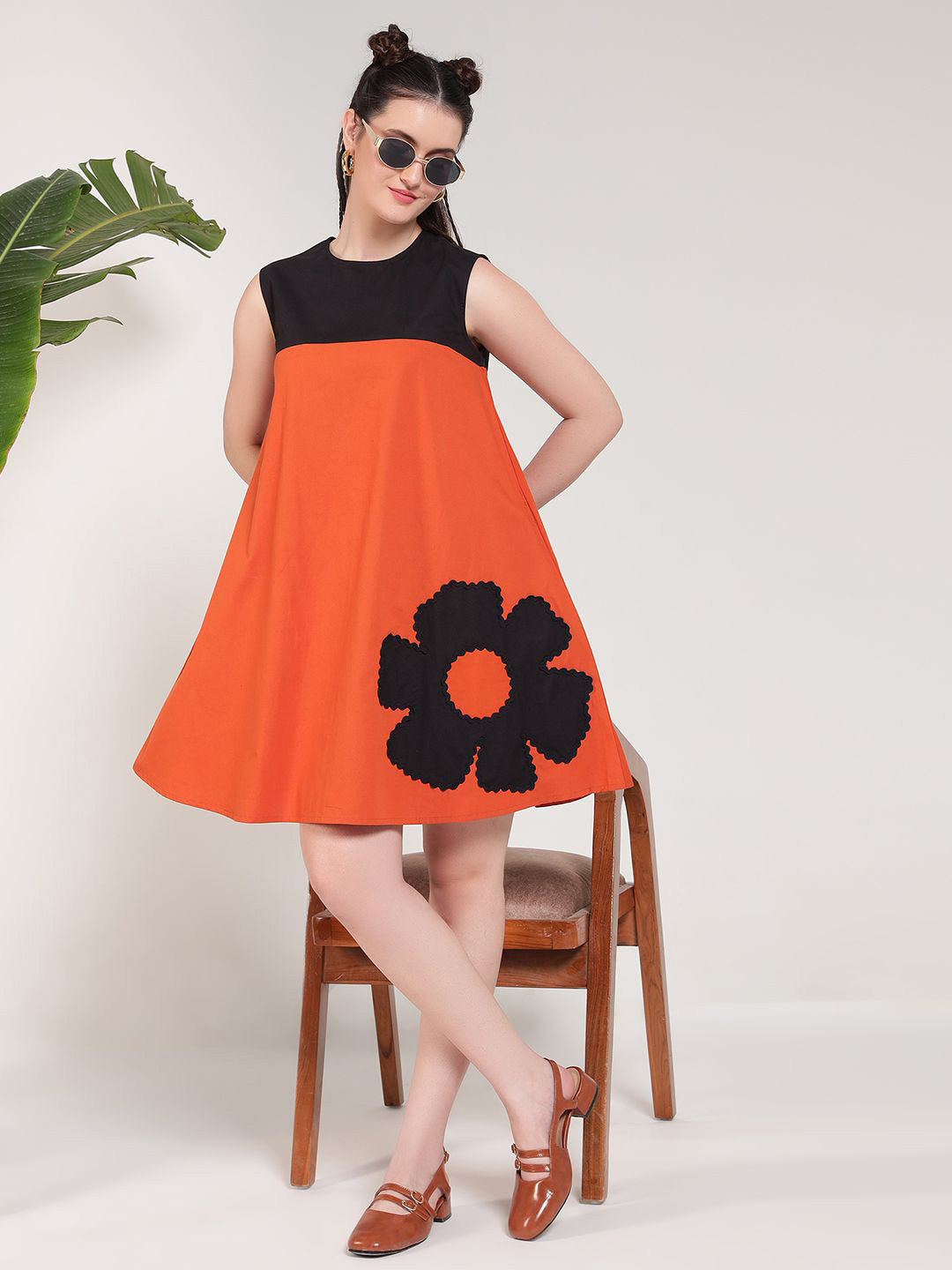 Vibes by Deebaco Women Colourblocked Embroidered Patch Work Sleeveless Cotton A-Line Dress