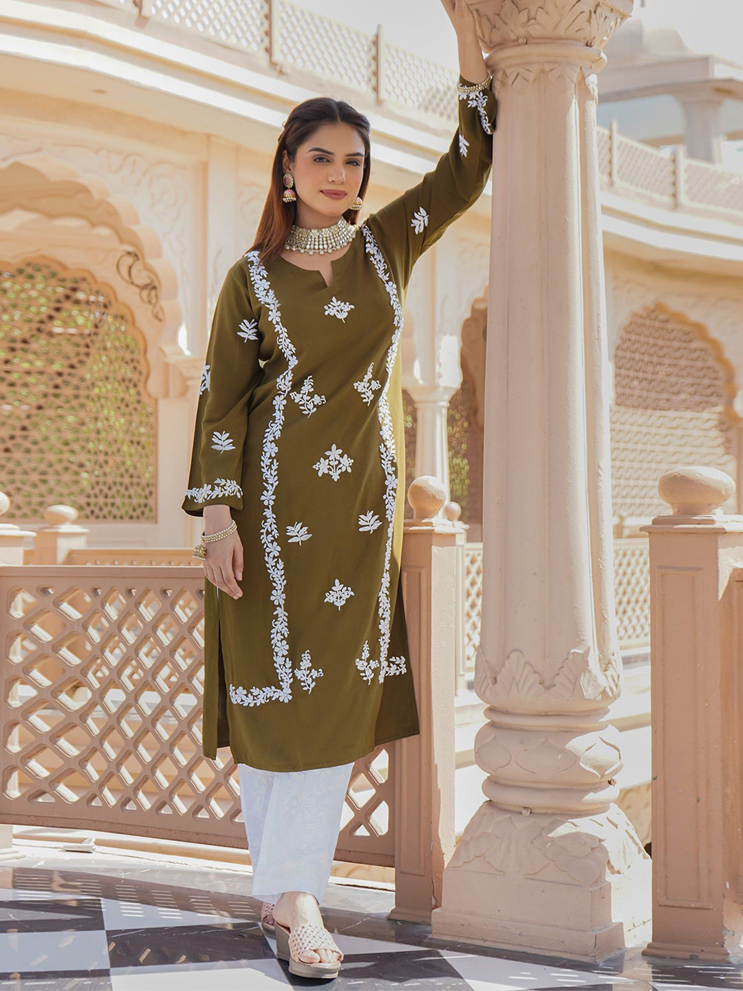 HOUSE OF KARI Women Olive Brown Rayon Chikankari Straight Kurta