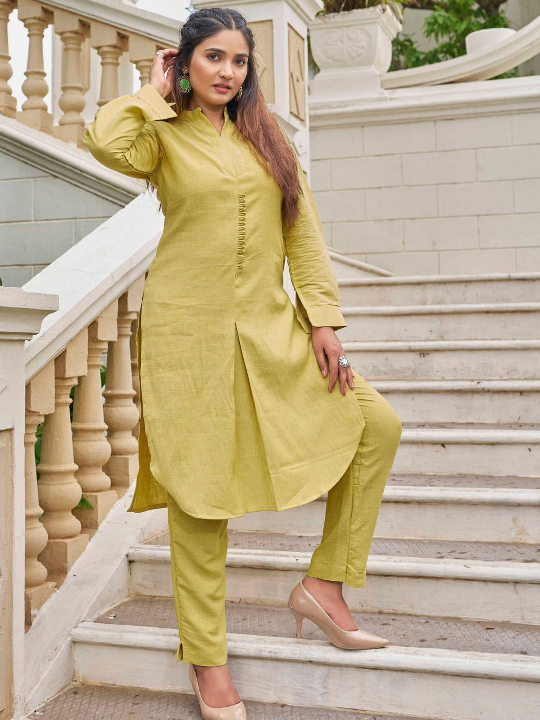 Yellow Linen Mandarin Collar Tunic with Trousers Co-Ords Set