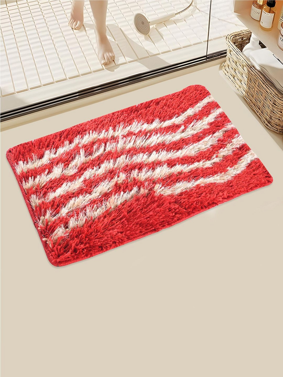 Myntra Elegant Homes Cream-Coloured & Red Striped 110 GSM Cotton Bath Rugs