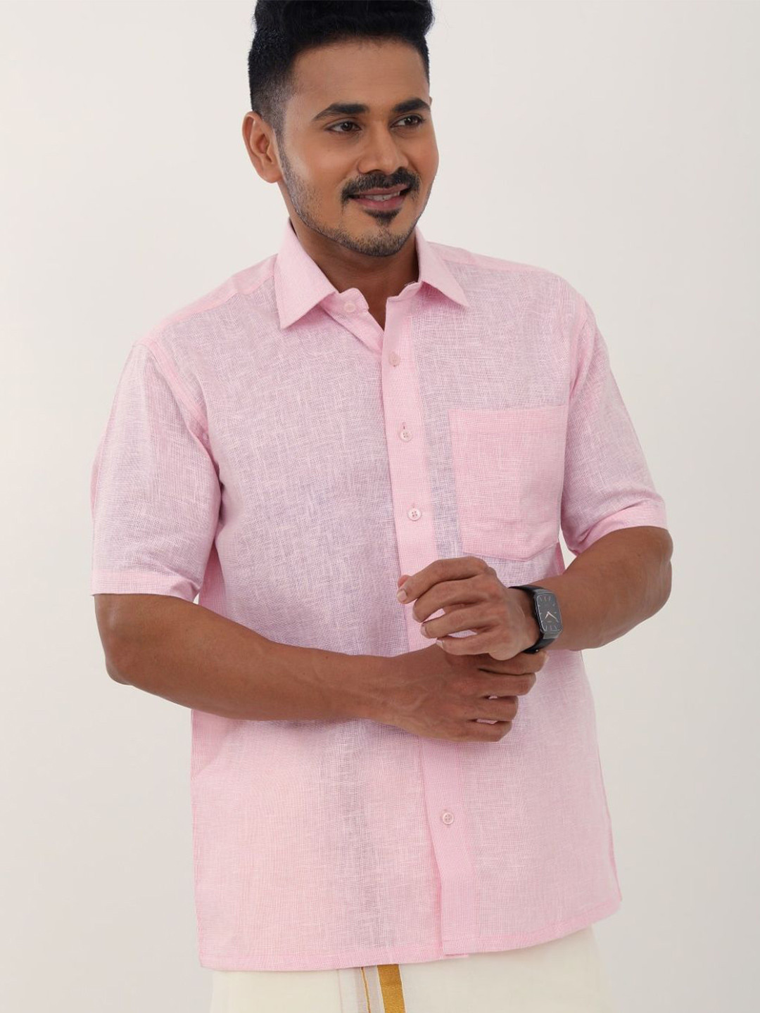 Ethazh Spread Collar Pocket Cotton Shirt