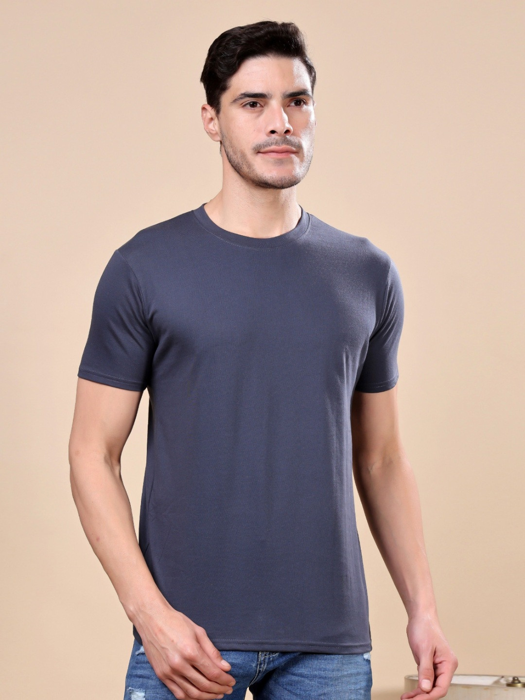 TQH Men Round Neck Regular Sleeves Slim Fit T-shirt