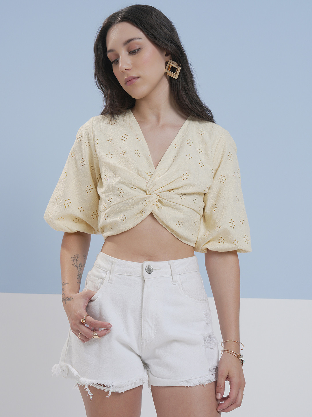 Vara By Vishudh Pure Cotton Schiffli Twist & Knot Top