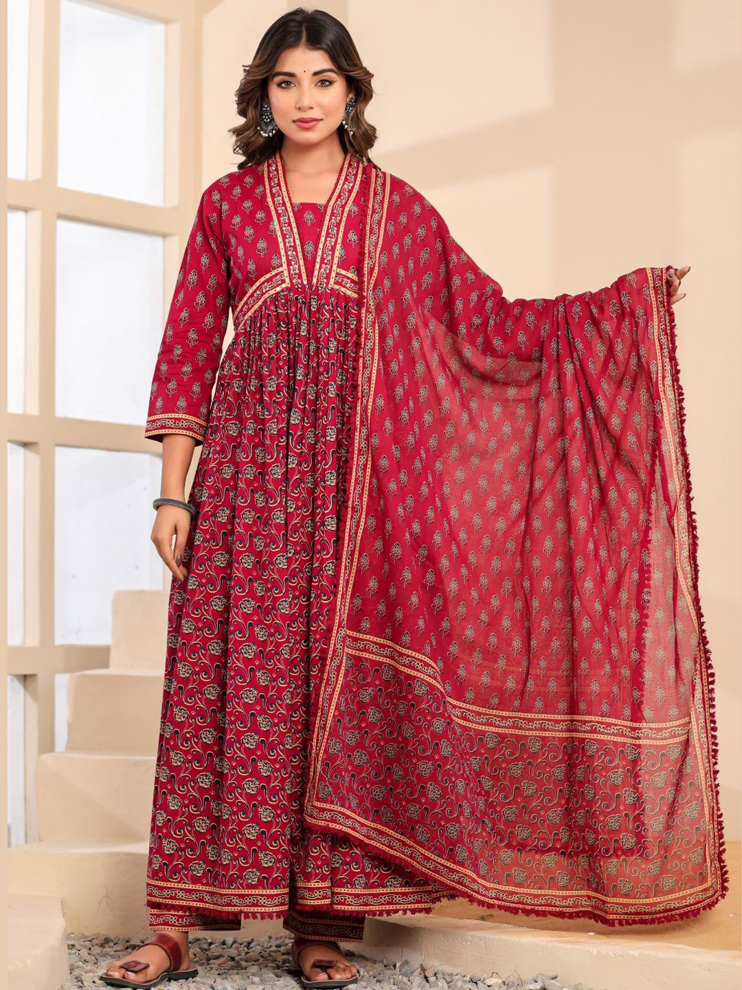 Chhabra 555 Bagru Block Printed Pure Cotton Alia Anarkali Kurta & Trouser With Dupatta