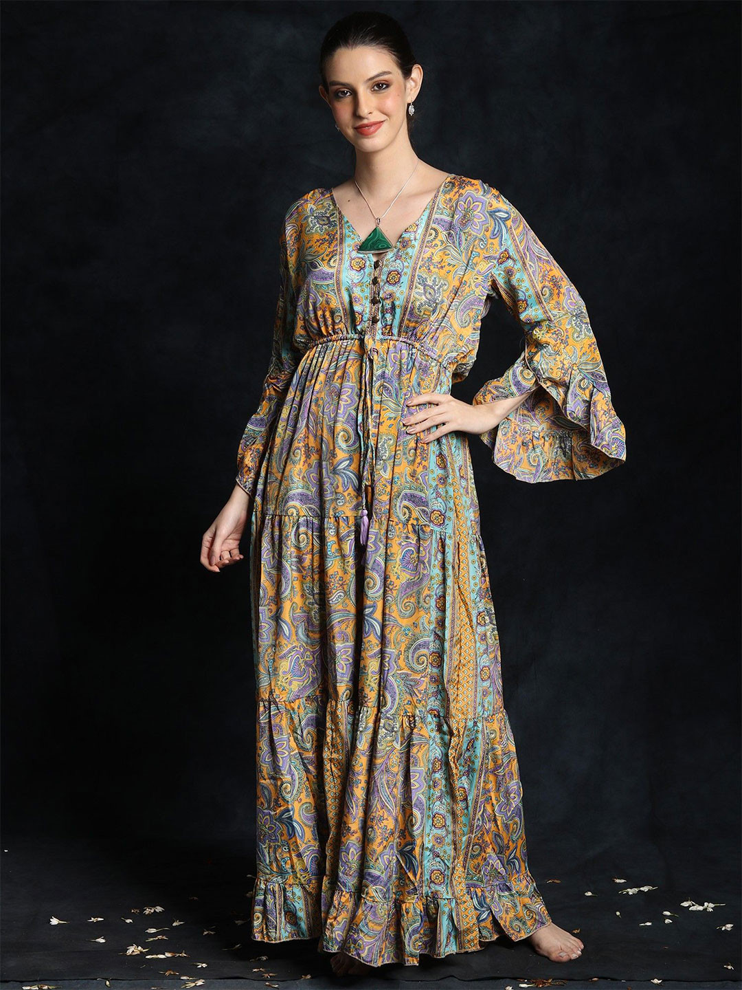 Exotic India Women Long Gown with All-Over Floral Paisley Pattern in Multicolor Print