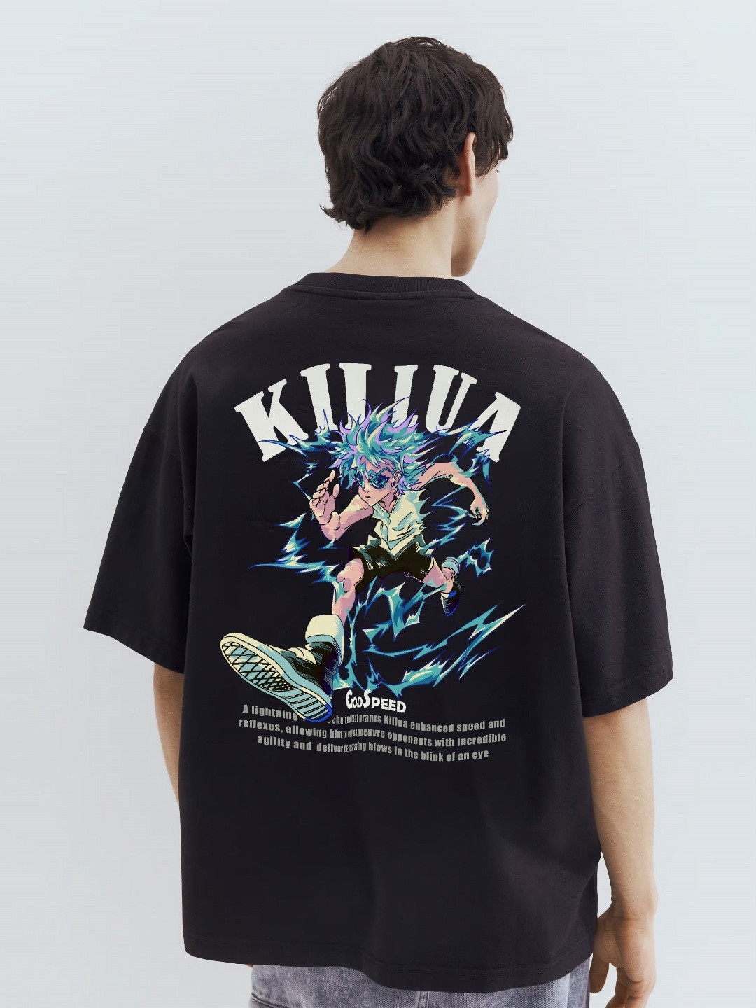 WHITE HUSK Killua Hunter x Hunter Anime Printed Round Neck Cotton Oversized T-shirt