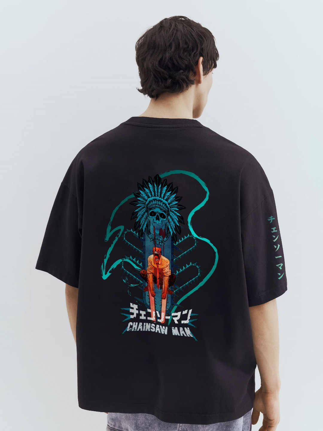 WHITE HUSK Men Chainsawman Anime Printed Round Neck Cotton Oversized T-shirt