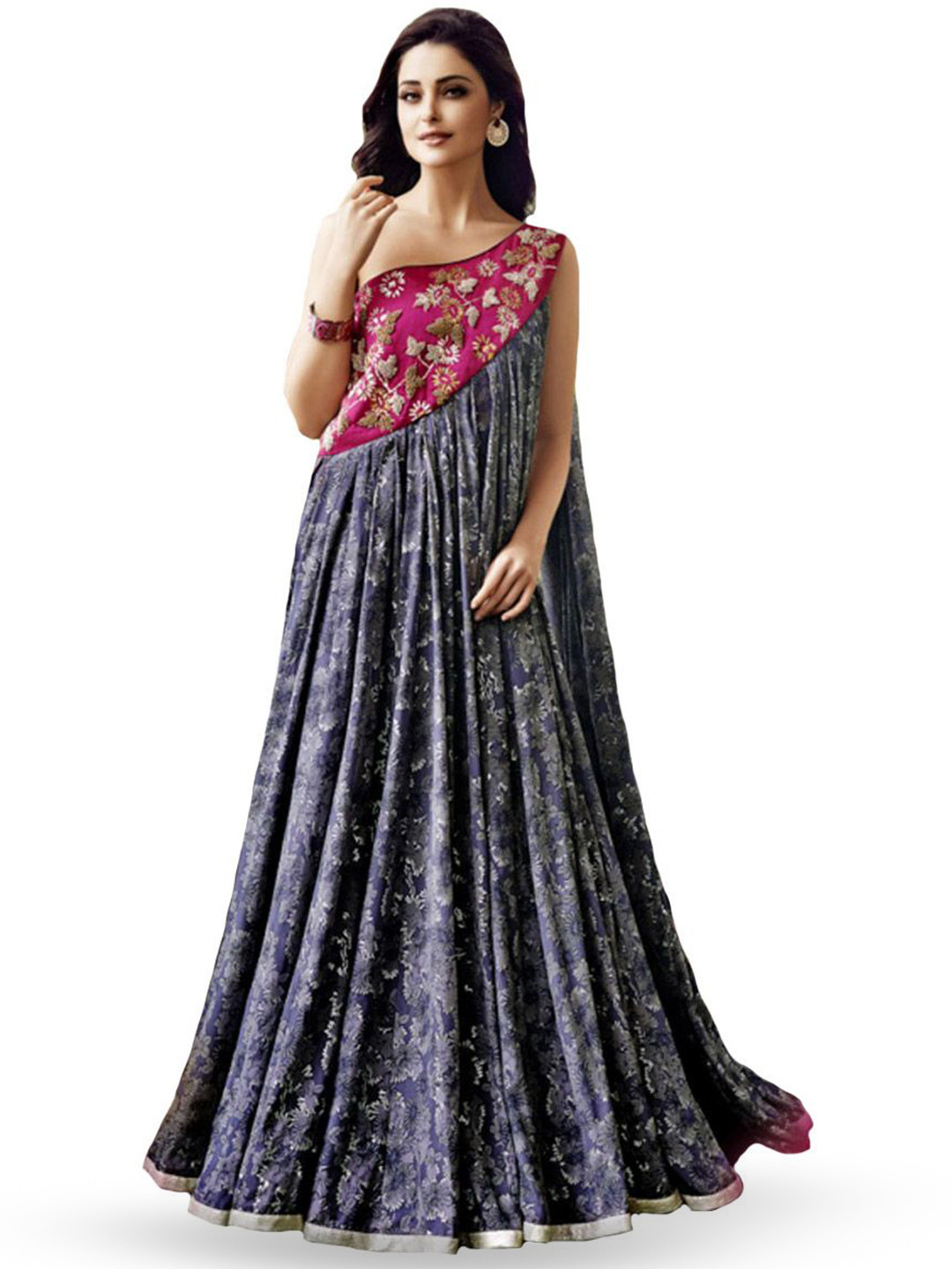 Exotic India Women Pink and Gray Floor Length Gown with Floral Print and Embroidered Beads