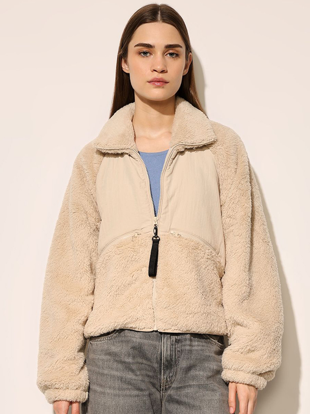 ONLY Women Solid Faux Fur Trim Mock Collar Sherpa Jacket