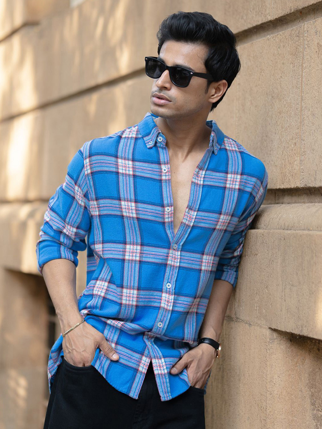 Powerlook SS25 Brushed Checked Button-Down Collar Pure Cotton Casual Shirt