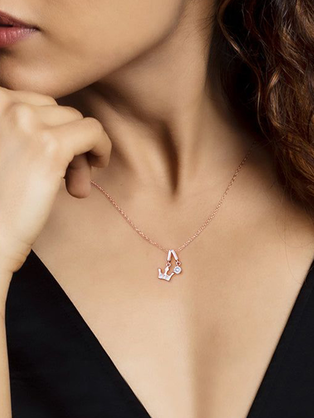 GIVA 925 Silver Rose Gold-Plated CZ Studded Crown Princess Quirky Pendants With Link Chain