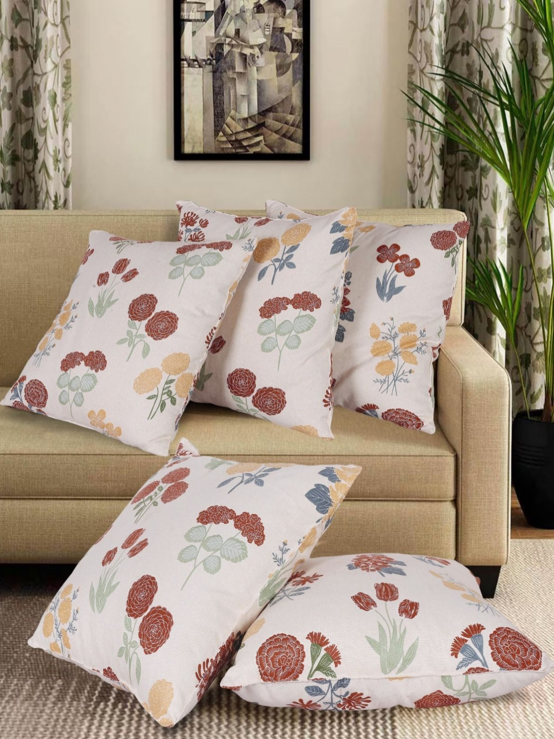 Sangria Floral Cream Floral Polycotton Breathable 5 Square Cushion Covers -16x16In