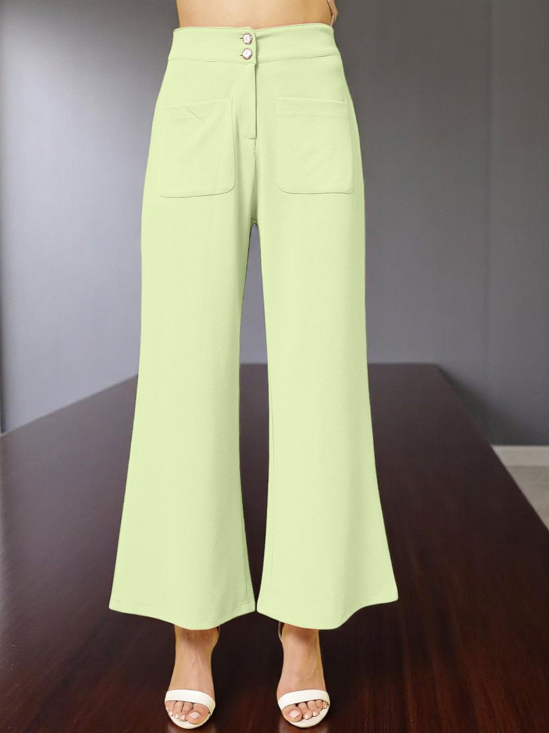 Green Relaxed Fit Mid-Rise Wide Leg Trousers