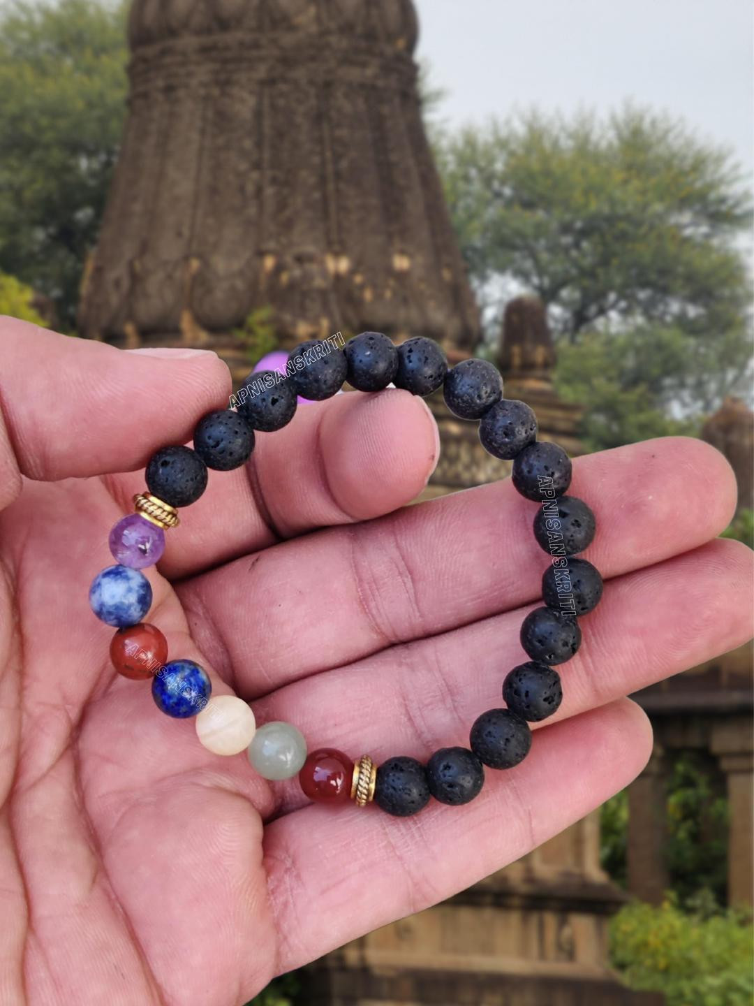 Apnisanskriti Unisex Lava & 7 Chkara Healing Stone Bracelet