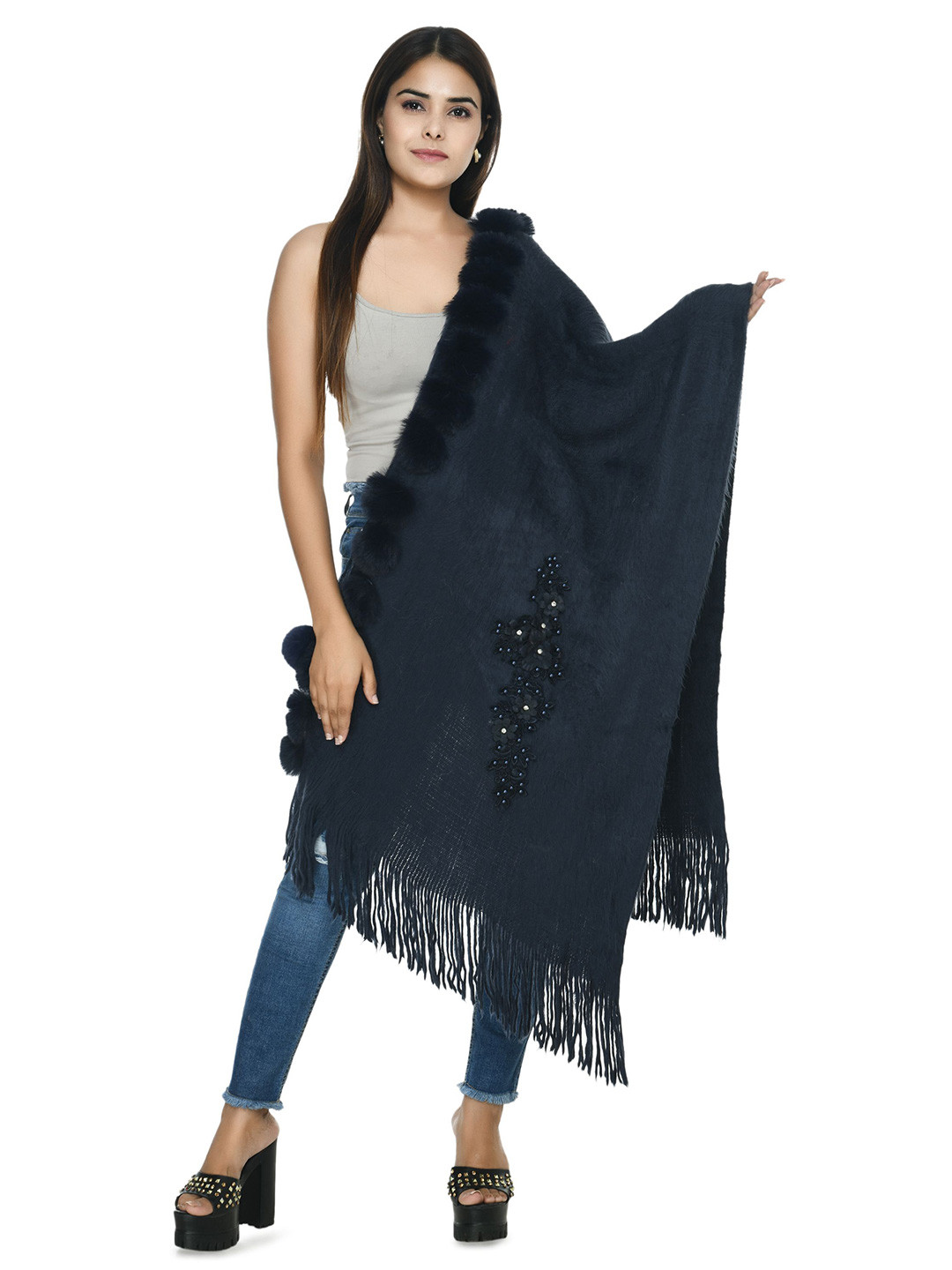 Manra Women Solid Embroidered Wool Stole with Fur Ball Charms  Wedding