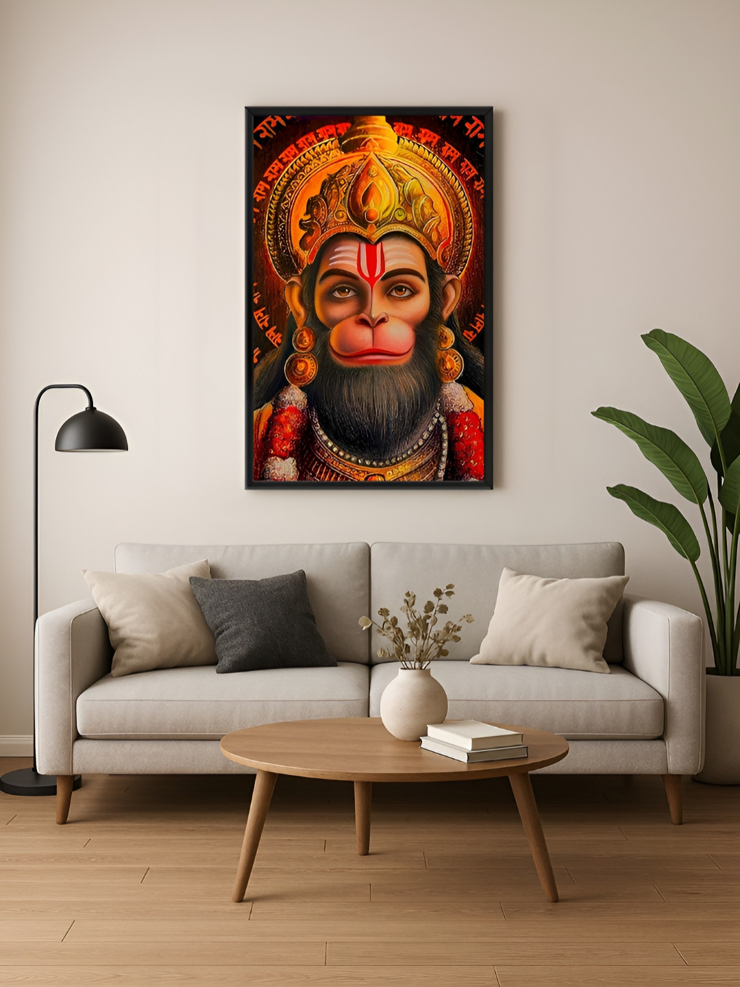 999Store Brown & Gold-Toned 1 Piece Canvas Religious  Lord Hanuman Portrait Wall Paintings