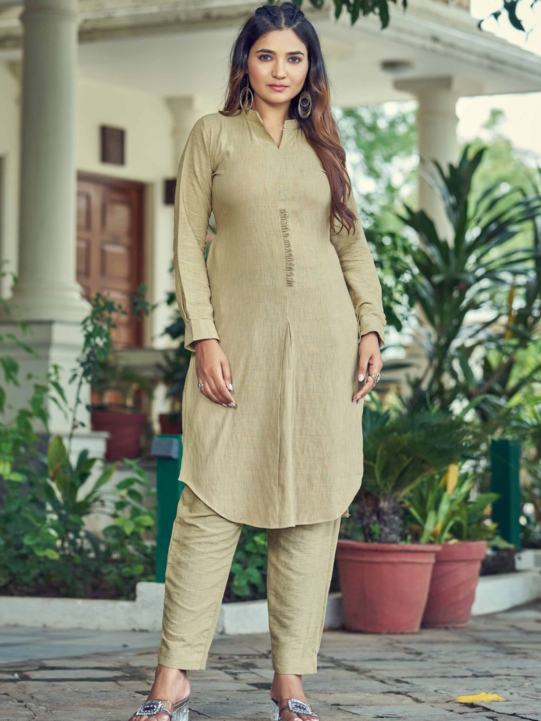 PEACH PIPER Green Linen Mandarin Collar Tunic with Trousers Set