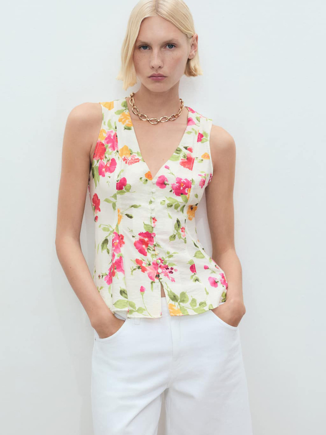 MANGO Floral Print Fitted Button-Down Vest Top with Back Tie-Ups