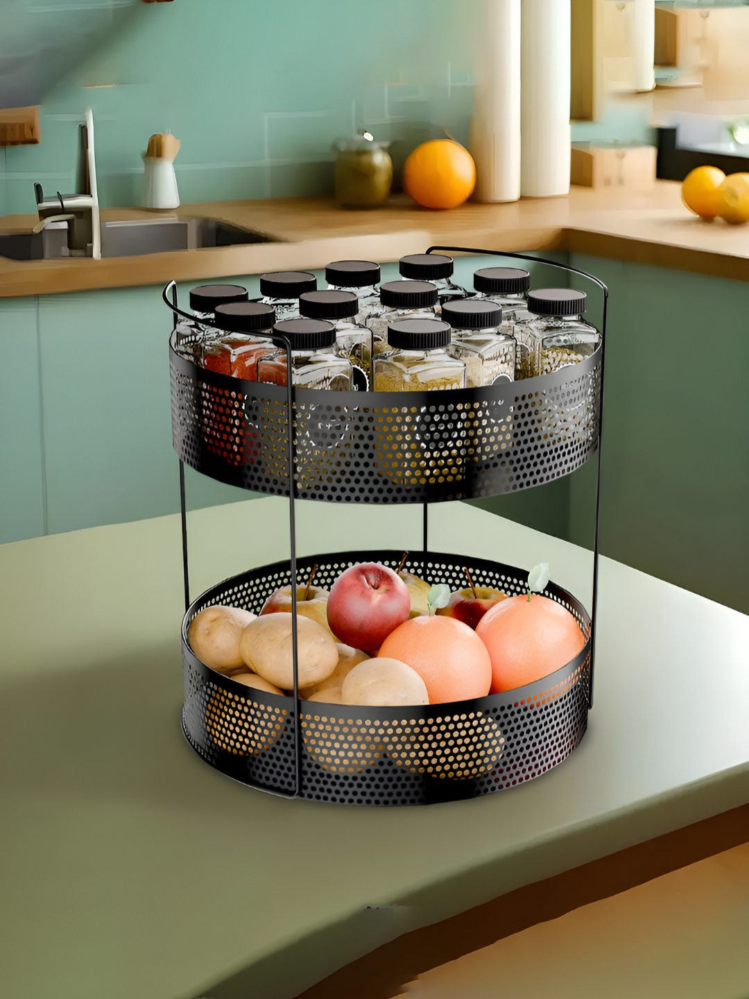 Myntra Elegant Homes Black 2-Tier Metal Round Kitchen Rack Stand Fruit & Vegetable Basket