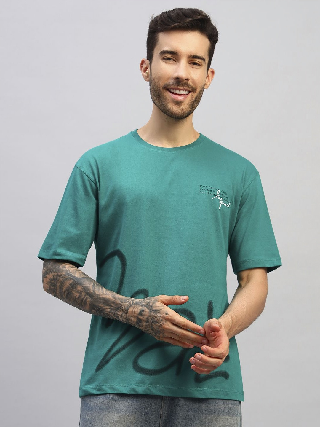 PYRO SPIRIT Men Abstract Printed Round Neck Cotton Relaxed Fit T-shirt