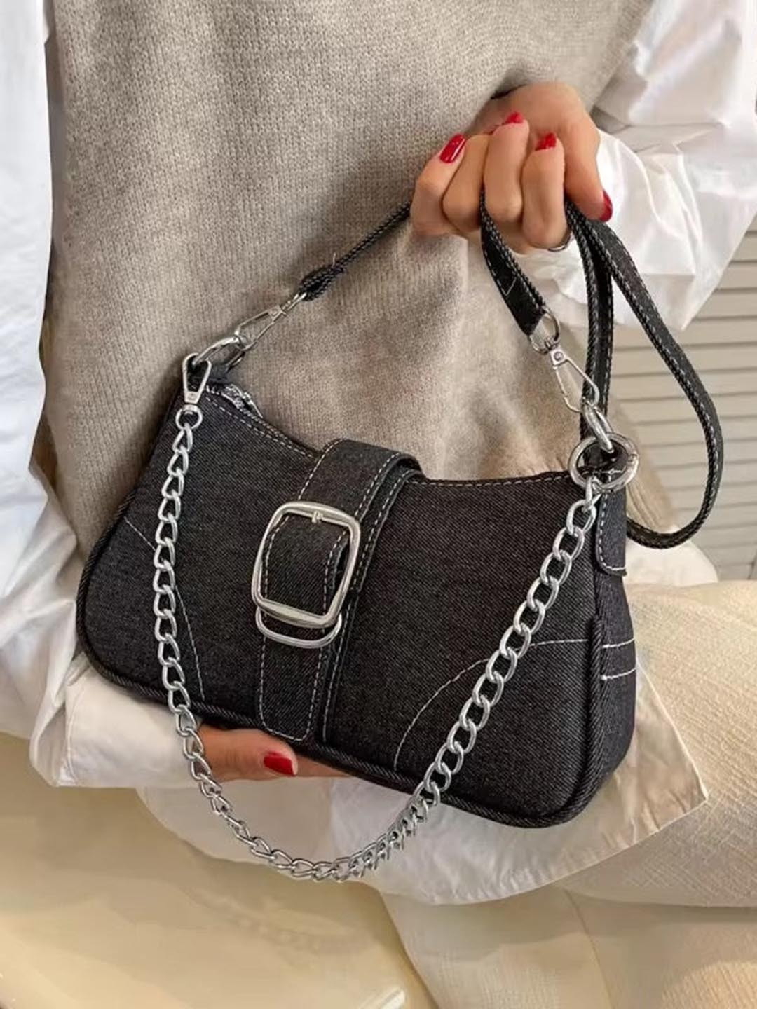 THEPANDASTOREE Textured Denim Buckle Chain Structured Sling Bag
