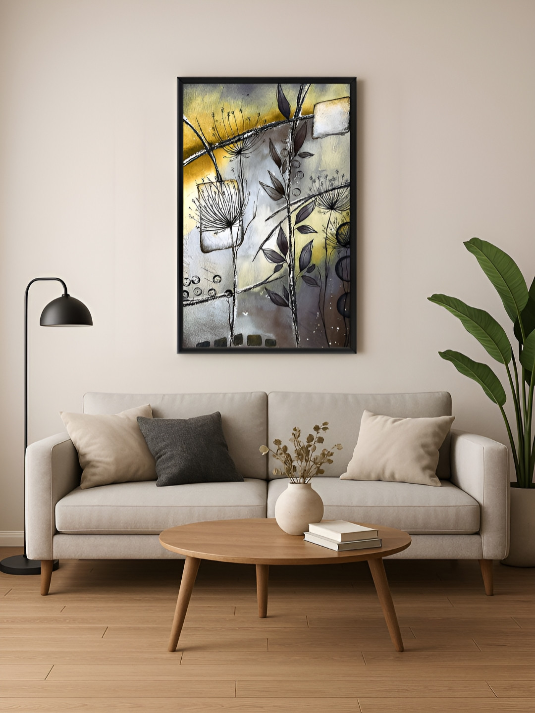 999Store Grey & Yellow Minimalist Floral And Botanical Canvas Wall Art