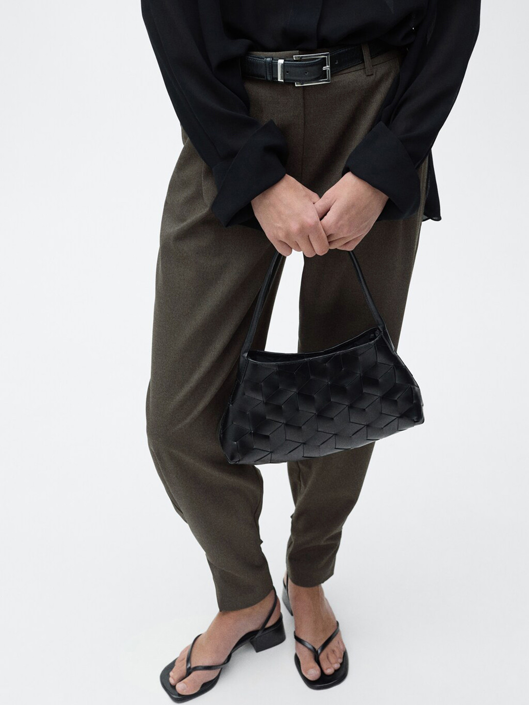 MANGO Women Pleated Mid-Rise Wide Leg Flared Trousers with Buttoned Hem