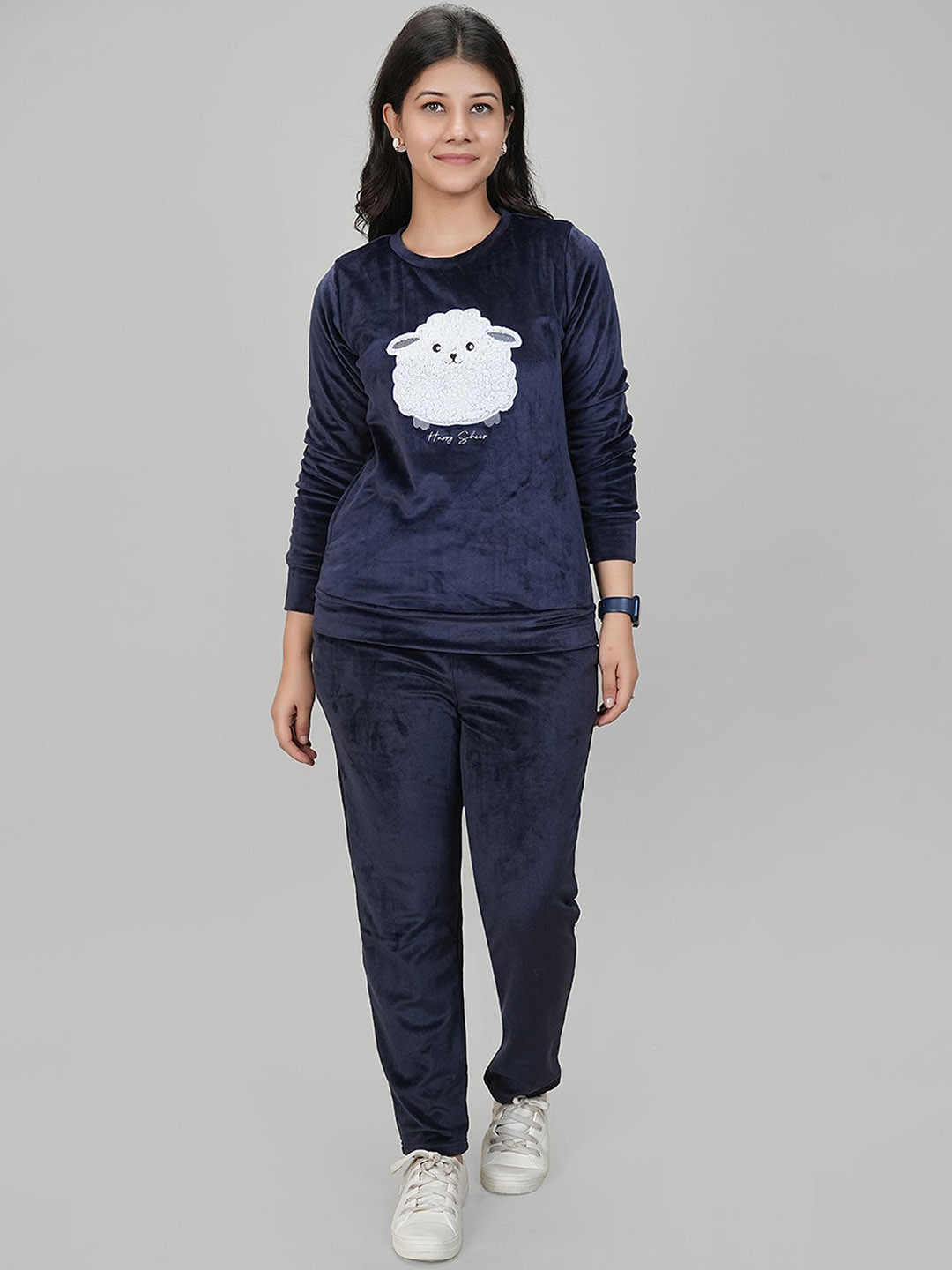 She N She Sheep Printed Velvet Round Neck T-Shirt With Trousers Co-Ords