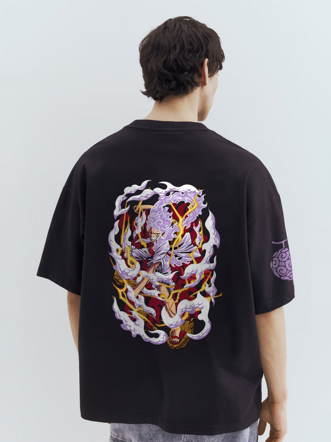 WHITE HUSK Luffy Gear 5 One Piece Anime Printed Round Neck Cotton Oversized T-shirt