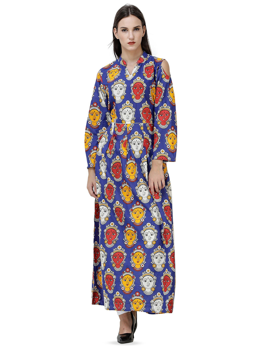 Exotic India Women Long Gown with Kalamkari Printed Goddess and Slit Shoulders
