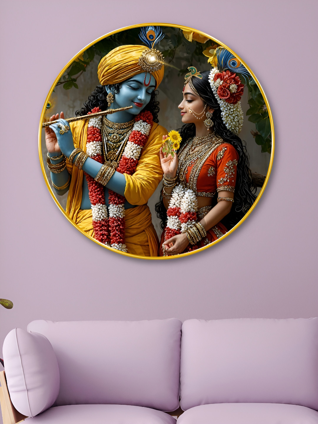 SAF Yellow & Blue Radha Krishna Round Religious Wooden Wall Art