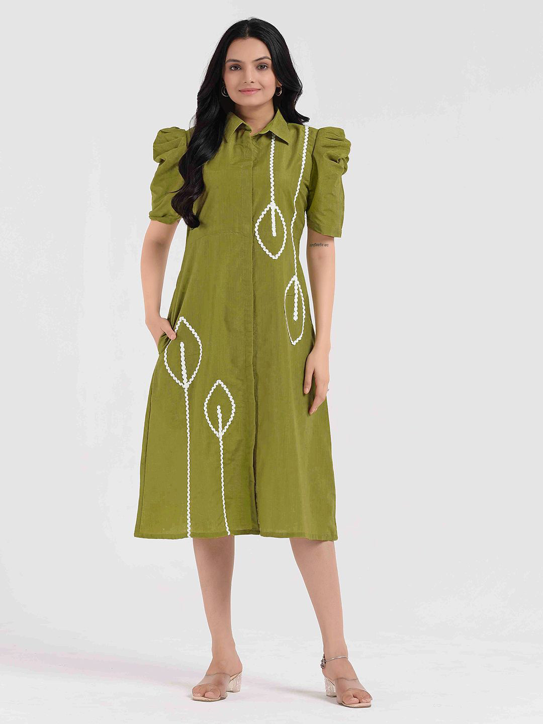 WEAVLLITE Women Lace Inserts Puff Sleeve A-Line Midi Dress