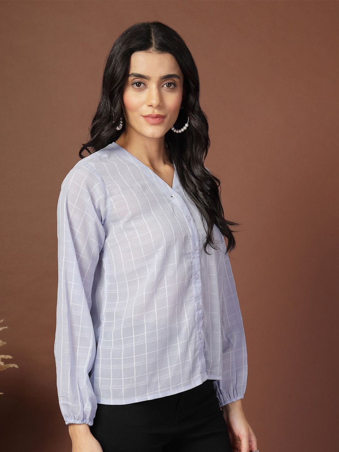KATLINE Band Collar Smart Checked Formal Georgette Shirt
