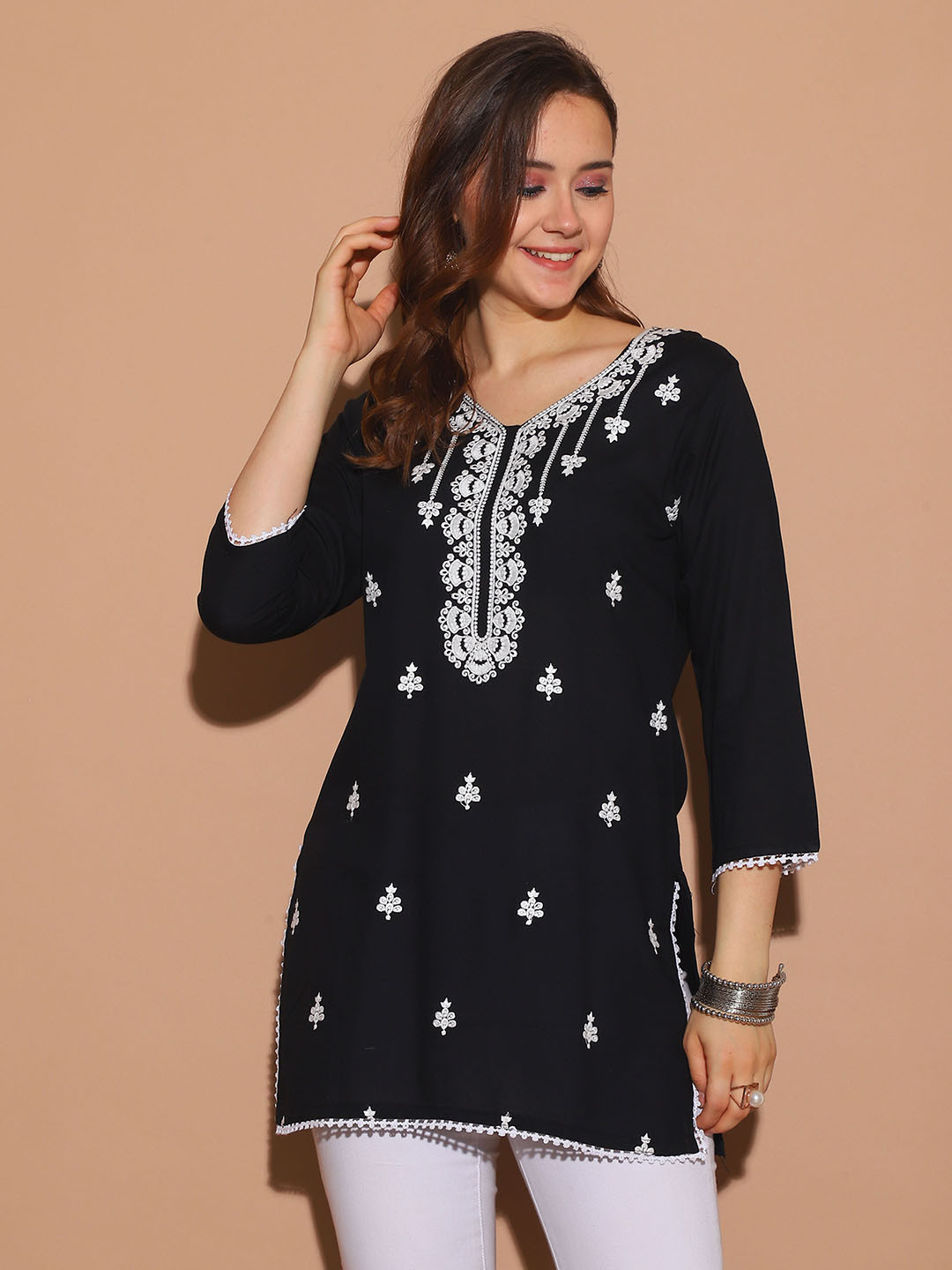 Merira Floral Embroidered V Neck Straight Kurti