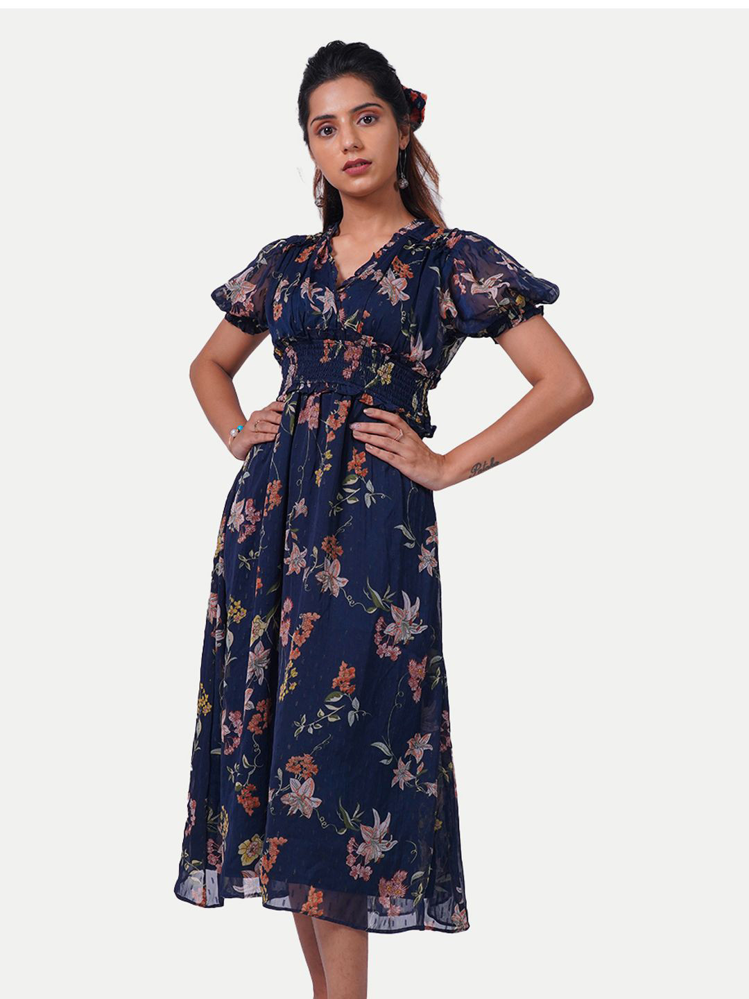 Radprix Women Floral Printed Puff Sleeves Fit & Flare Midi Dress