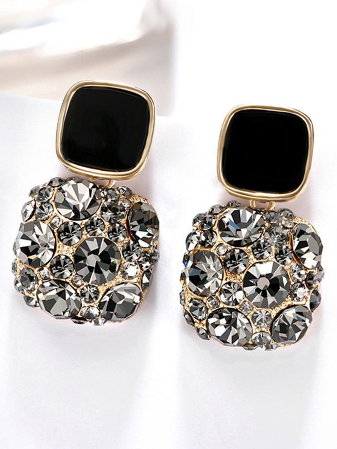 DIVASTRI Gold Plated Pearls Artificial Stones Studded Square Korean Drop Earrings