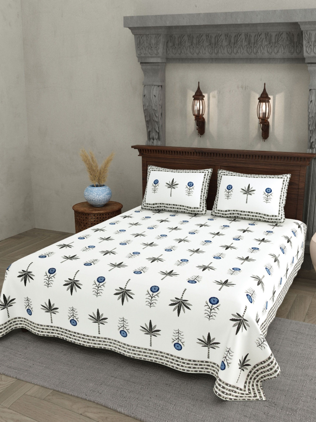 JAIPUR PRIME Jaipuri White Floral Pure Cotton 200 TC Queen Superfine Bedsheet with 2 Pillow Covers-108 x 90 inches