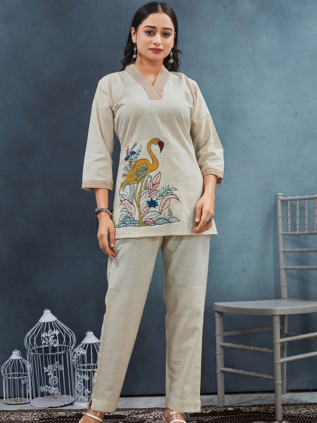 PEACH PIPER Embroidered Pure Cotton V Neck Top With Trousers Co-Ords