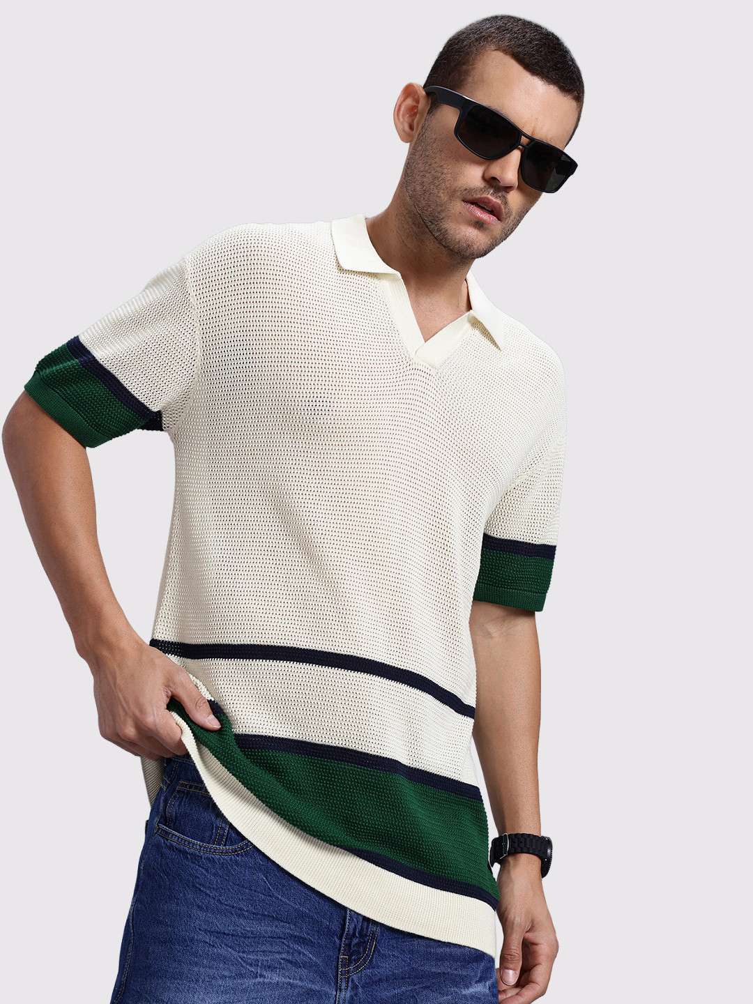 The Roadster Life Co. Striped Open Knit Drop-Shoulder Sleeves Pure Cotton T-Shirt