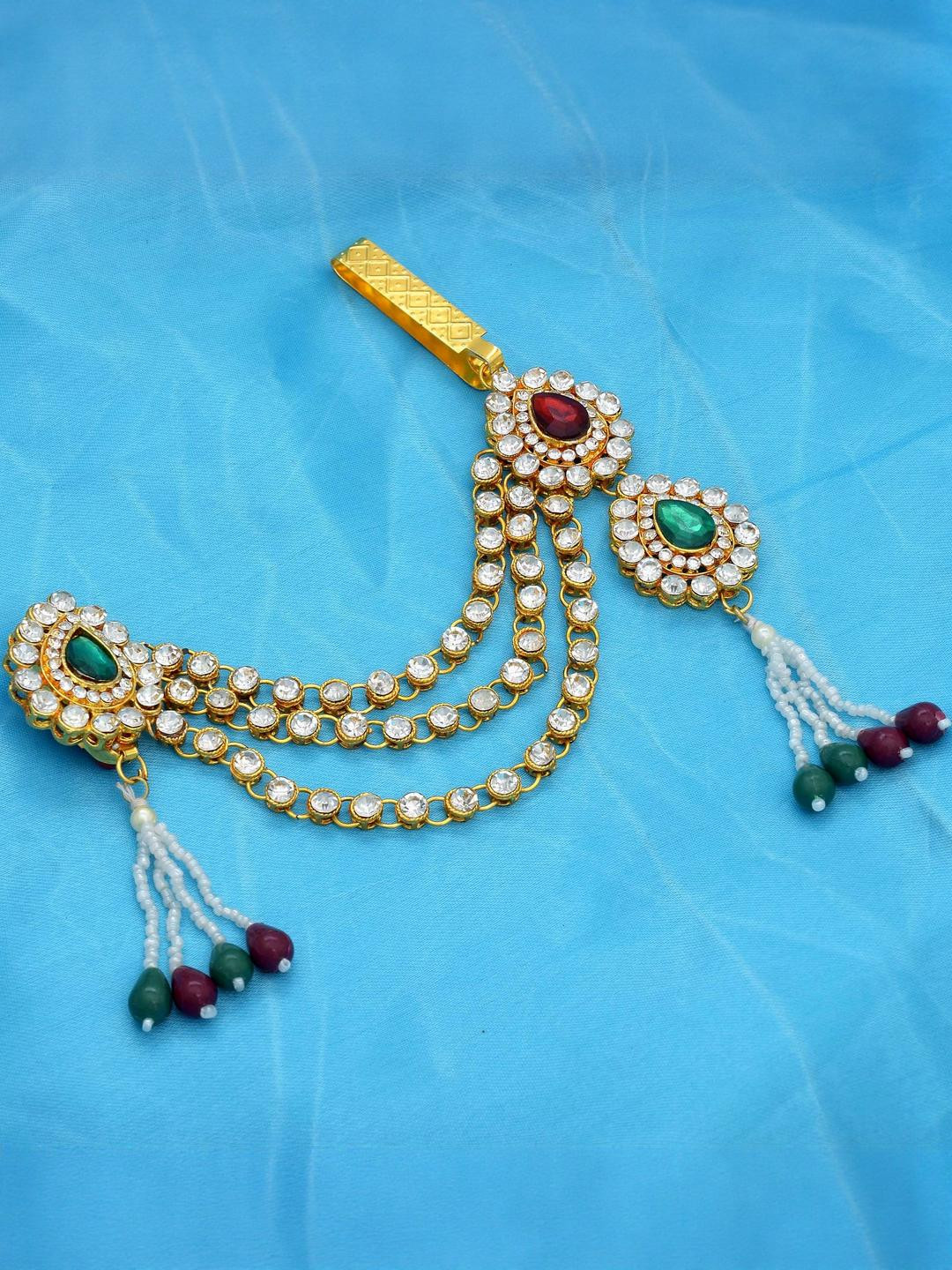 MEMOIR Gold plated CZ Pearls Kundan Half Jewellery Set