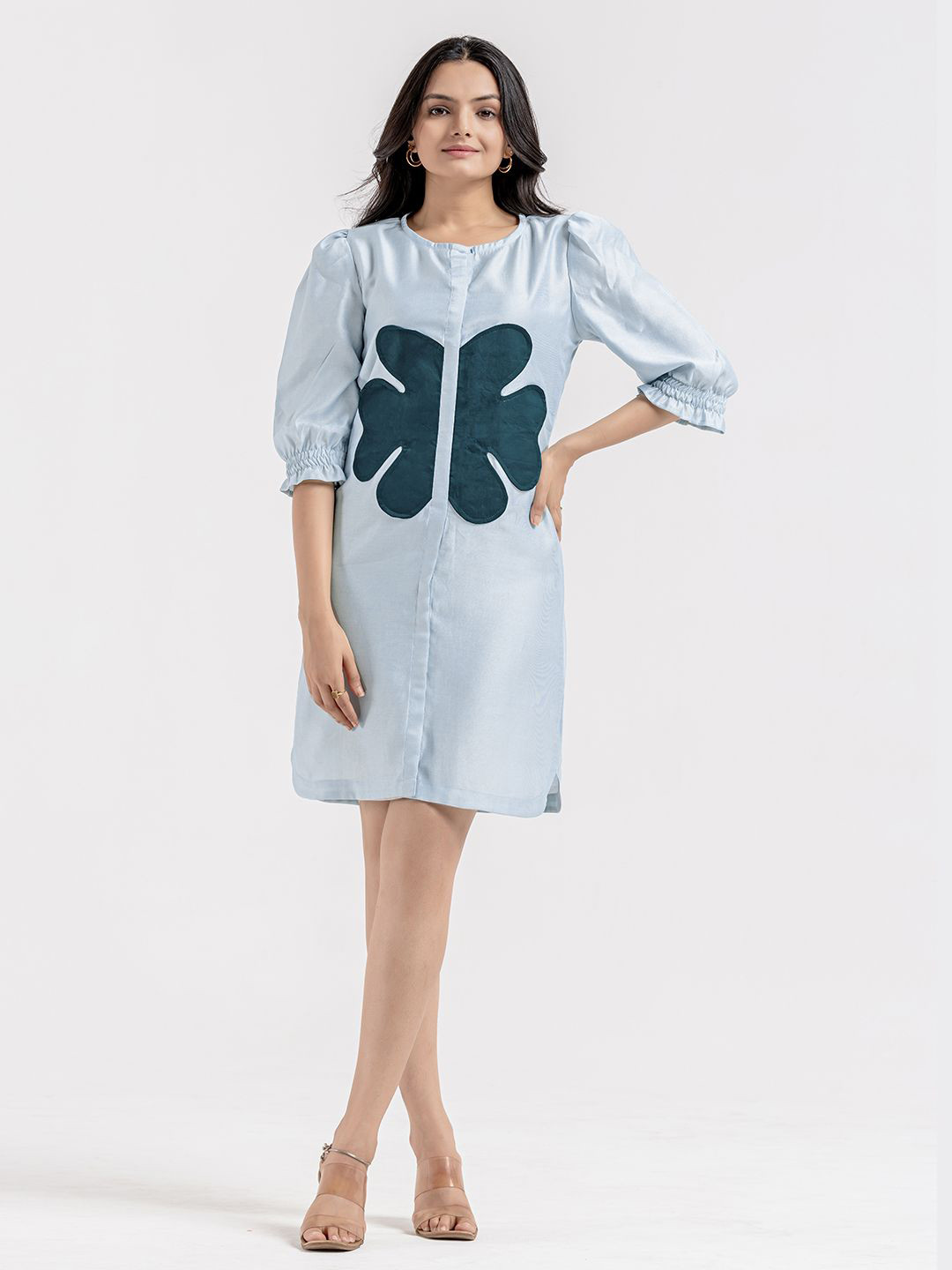 WEAVLLITE Women Graphic Print Puff Sleeve Applique A-Line Above Knee Dress