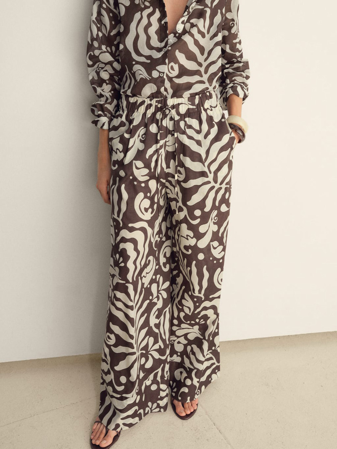 MANGO Women Tropical Printed Wide Leg Pure Cotton Flared Trousers