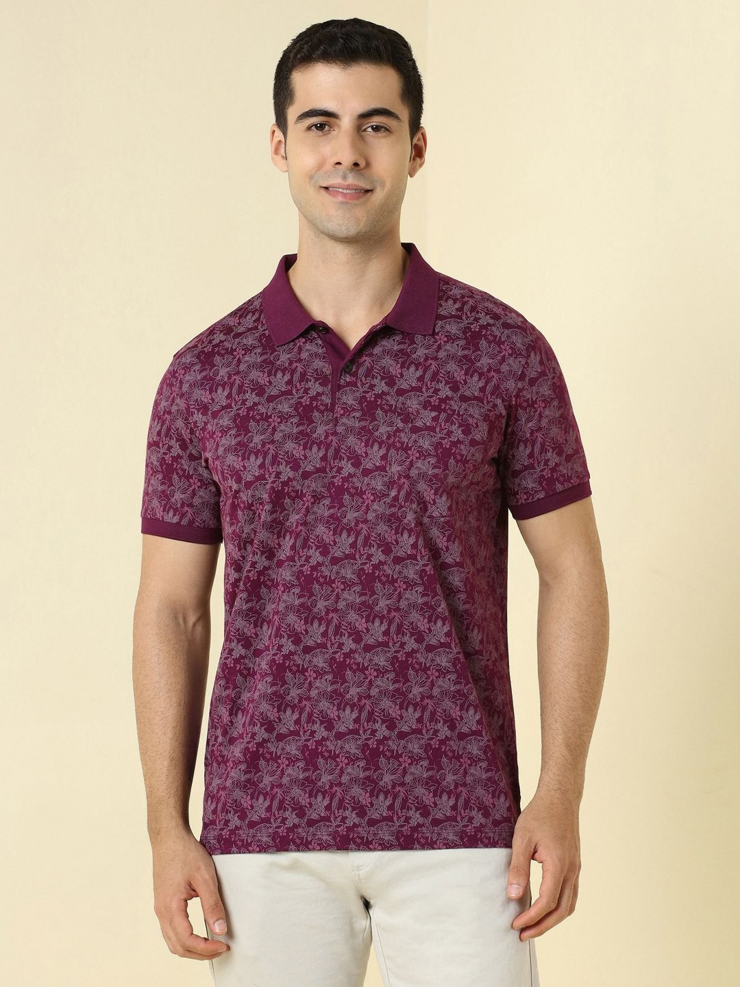 Allen Solly Floral Printed Polo Collar Pocket Detail Pure Cotton T-Shirt