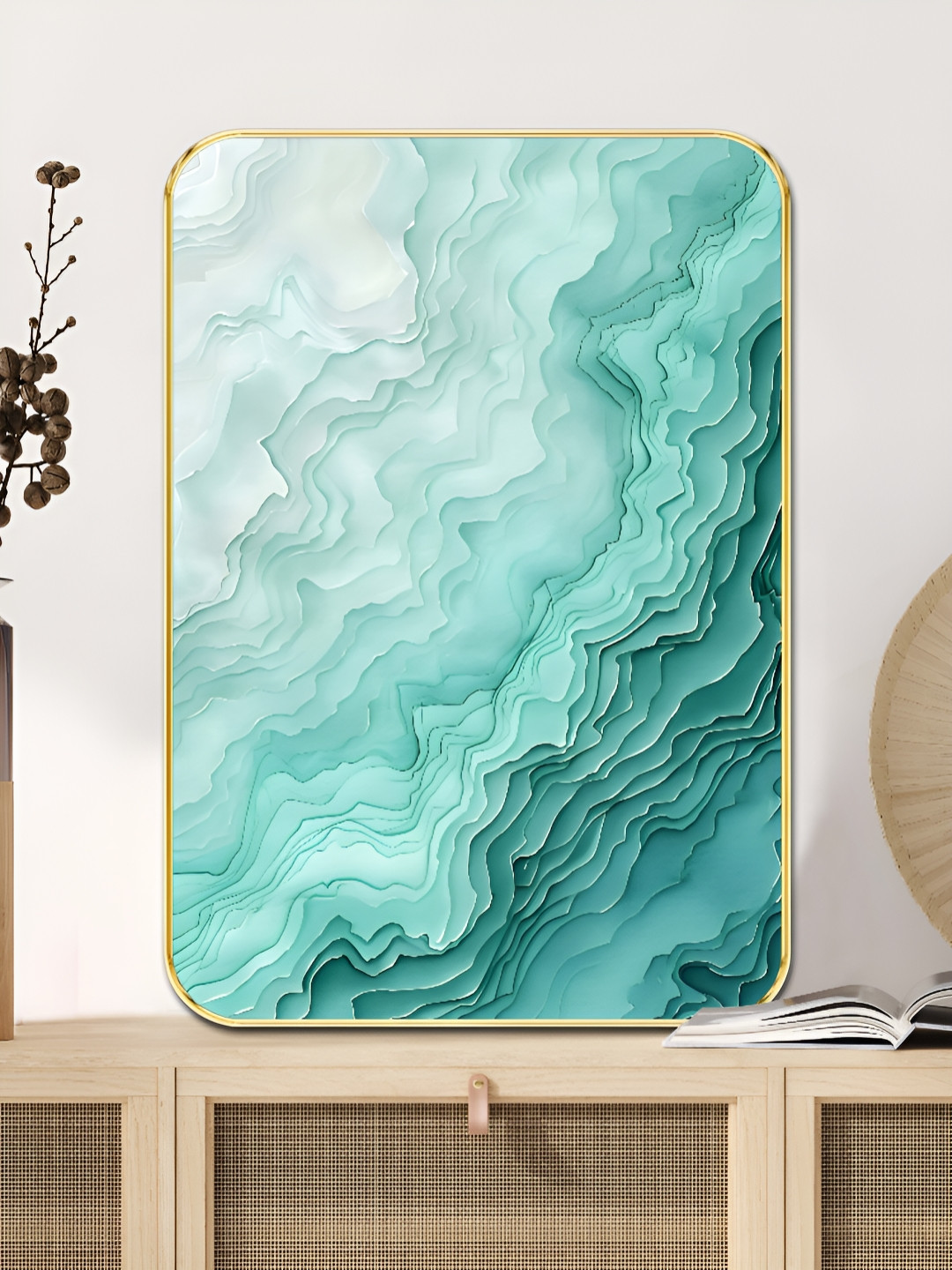 SAF Sea Green & Gold-Toned Abstract Ocean Waves Sparkle Wooden Wall Art