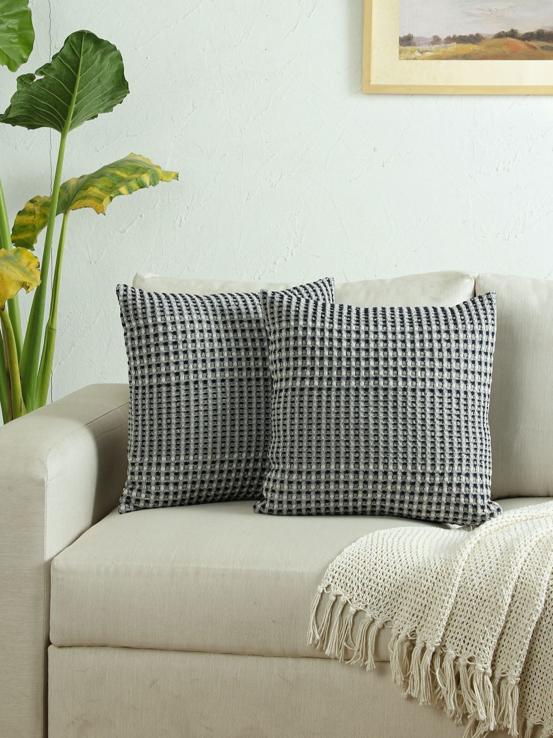 House This Blue Checked Cotton Breathable 2 Piece Square Cushion Covers - 18 x 18 Inches